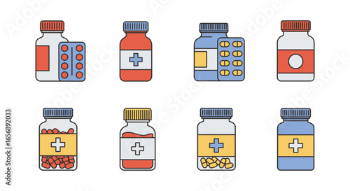 Colorful illustration of various medicine bottles and pills on white background
