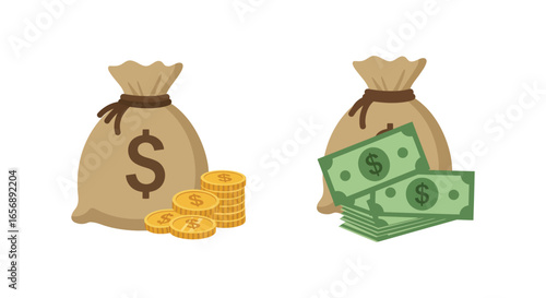 Two money bags with dollars and coins illustration