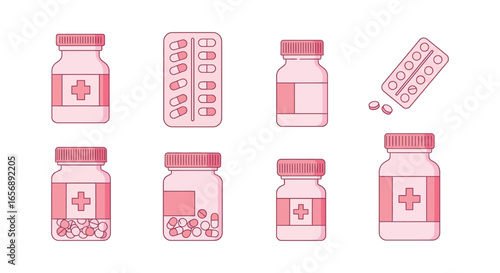 Pink medical bottles and pills on a white background