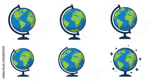Earth globe illustrations in different views and with sparkles