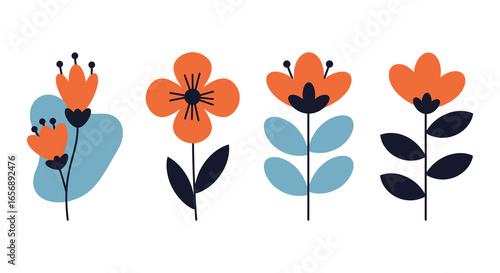 A set of four simple orange flowers with black centers and leaves