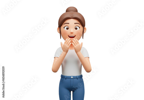 3d cartoon girl with surprised expression, hands covering mouth, isolated on transparent background