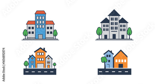 Colorful illustration of four different houses and buildings