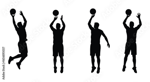 Silhouettes of men playing basketball in different poses and movements