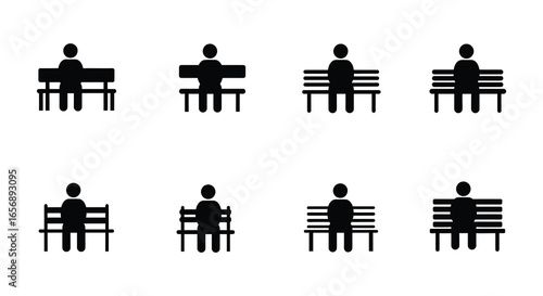 People sitting on various benches in different positions and styles