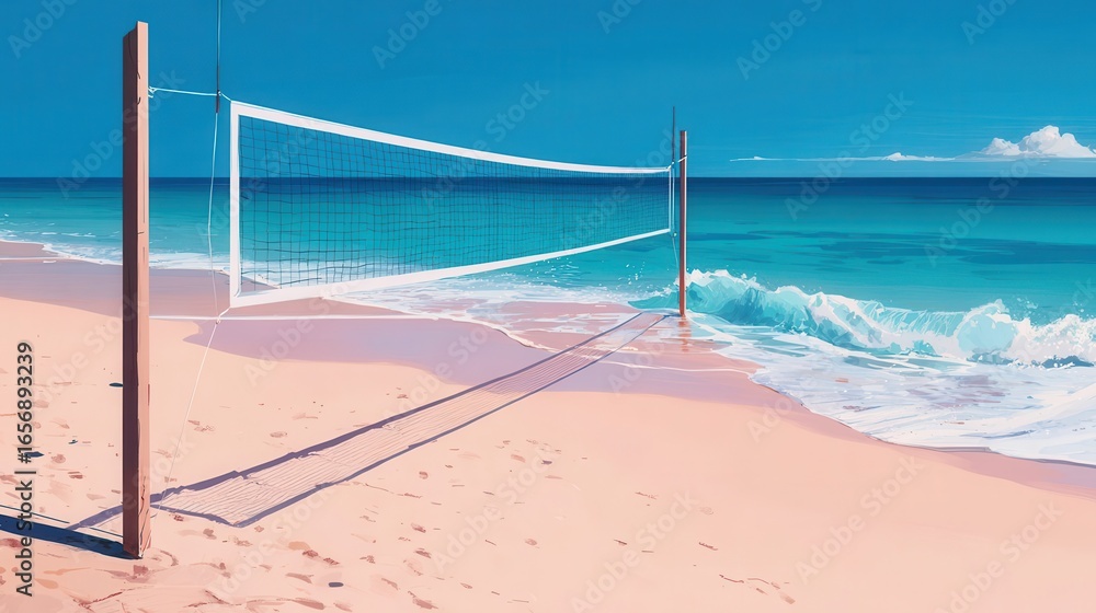 Fototapeta premium Beach volleyball net on a pastel pink beach.