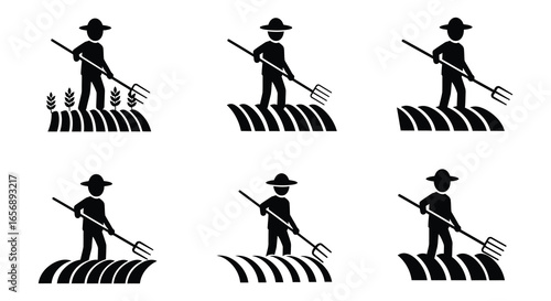 Farmers working in fields with pitchforks in various poses and stages
