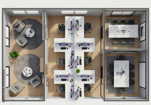 Office furniture in the interior 3D rendering top view