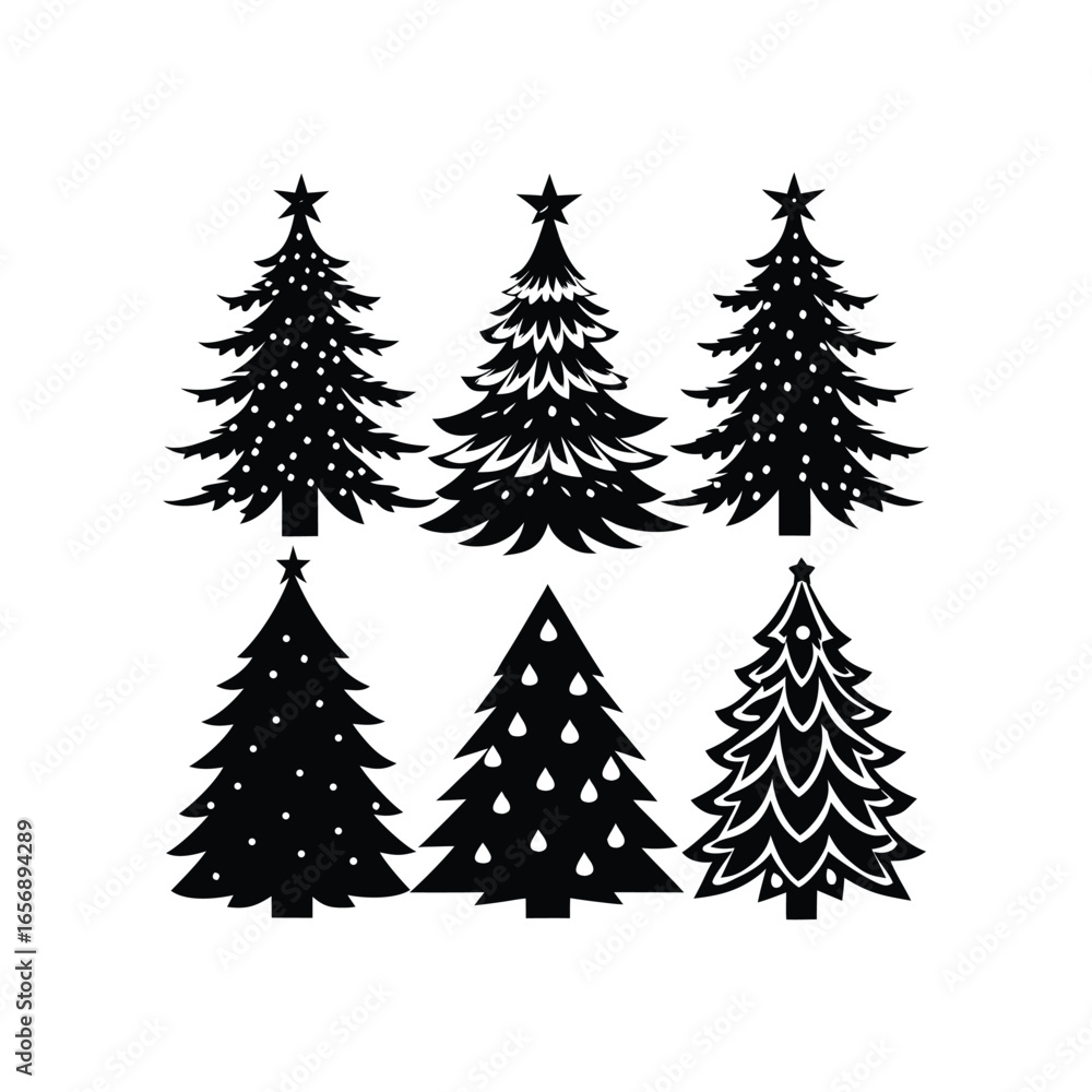 Obraz premium Green pine and spruce set of winter christmas trees illustration with snow decoration