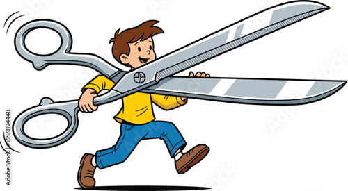 Cartoon character running, flat vector illustration, oversized scissors, yellow shirt, blue pants, funny pose, motion lines, playful action, humor theme