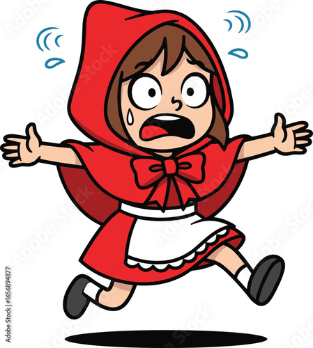Cartoon Little Red Riding Hood, frightened girl running, fairy tale character, expressive pose, flat vector style, cad drawing flat vector illustration