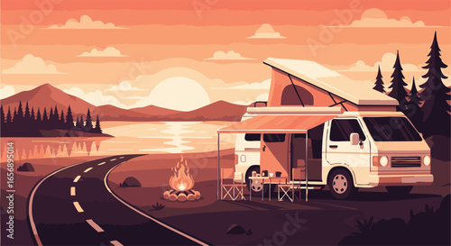 Scenic Camping Adventure with a Camper Van by the Lake at Sunset Ideal for Travel and Outdoor Enthusiasts