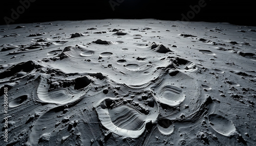 Lunar Surface with Impact Craters and Undulating Terrain.