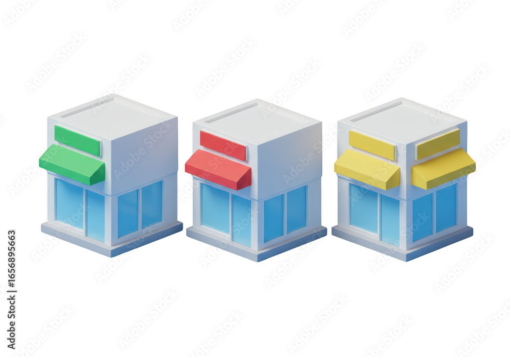 Fototapeta premium Three isometric cartoon shops with colorful awnings, isolated on transparent background