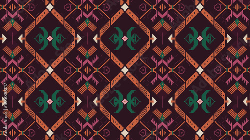 Intricate ikat pattern with geometric shapes and earthy tones, creating a visually captivating and culturally inspired design, perfect for adding a touch of global charm to any creative project or des