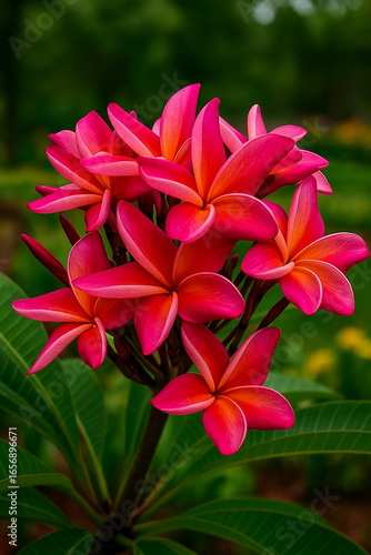Red tropical flower close up, Plumeria - frangipani