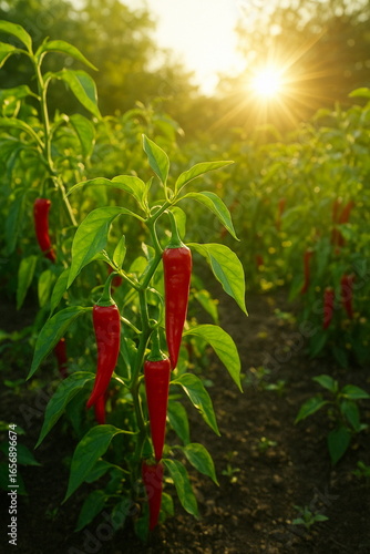 Red hot chili peppers in garden