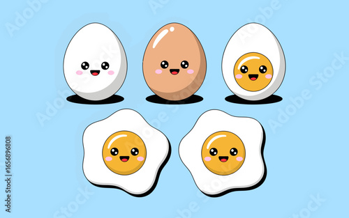 Charming cartoon illustration of five happy eggs