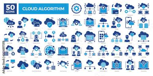 Cloud algorithm icons collection set covering computing, networking, data transfer, storage, and security. Ideal for tech presentations, cloud services, and IT infrastructure visuals.