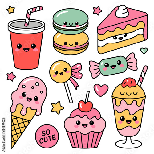 Adorable kawaii style illustration of sweet desserts