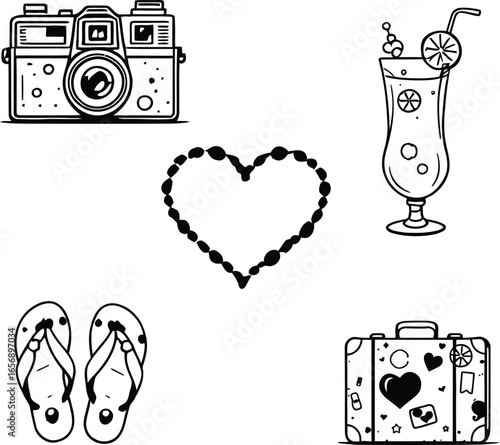 A collection of summer themed icons including a camera a drink flip flops and a suitcase in black and white