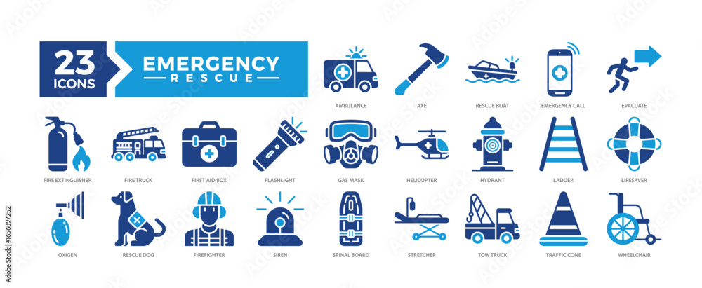 Fototapeta premium Emergency Rescue icons collection set including ambulance, firefighter tools, rescue vehicles, and medical support. Perfect for safety apps, emergency plans, and public service designs.