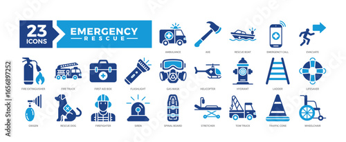 Emergency Rescue icons collection set including ambulance, firefighter tools, rescue vehicles, and medical support. Perfect for safety apps, emergency plans, and public service designs.