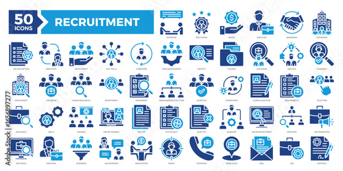 Recruitment icons collection set featuring hiring, interviews, resumes, HR tools, and candidate evaluation. Perfect for HR platforms, job boards, and employment-related visuals.