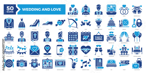 Wedding and Love icons collection set featuring rings, couples, cakes, gifts, music, and honeymoon. Ideal for wedding invitations, romantic designs, and event planning visuals.