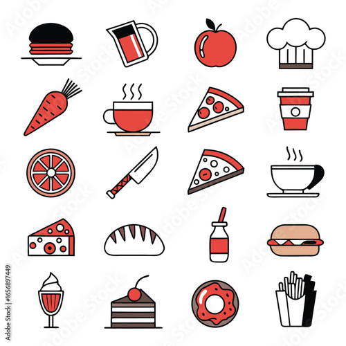 A clean, flat vector icon set in minimal modern style, food and drink theme, 20 unique icons arranged in a grid, 