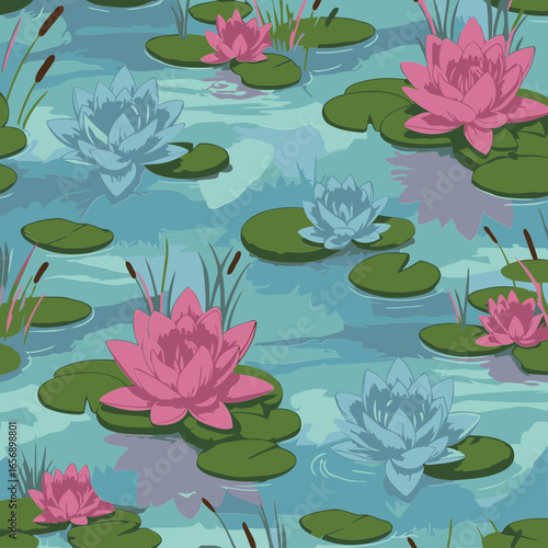 Water lily pond seamless pattern with various shades of pink and blue flowers with decorative lily pads and water reeds. Beautiful floral design for various stock uses.