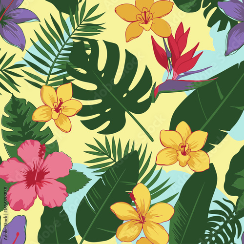 Tropical flower and leaf pattern with vibrant colors. Seamless design featuring various blossoms and foliage, perfect for a summery aesthetic.