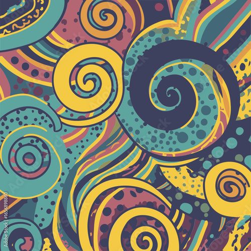 Abstract pattern with swirling spirals and dots in vibrant colours. Colorful, dynamic design with diverse hues in a graphic, artistic style.