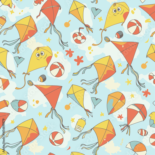 A seamless pattern featuring playful kites, beach balls, and other summery elements. The design is lighthearted and perfect for children's apparel, fabric, or print projects.