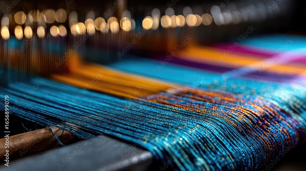 Naklejka premium Vibrant Colors of Threads on a Loom Creating Beautiful Patterns in Traditional Weaving Process