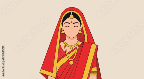 Traditional Indian bride illustration in red and gold attire with closed eyes serene portrait