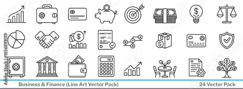 Modern business and finance line icons showcasing banking, investment, and planning for digital marketing
