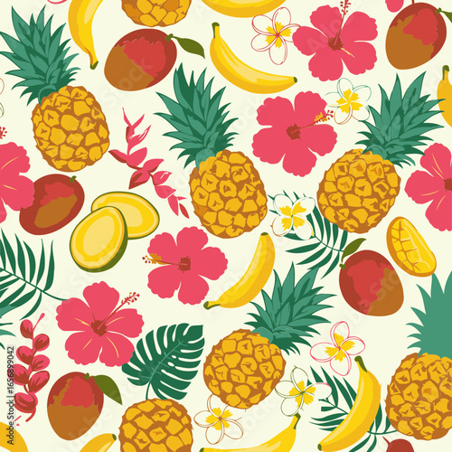 Tropical fruit and flower seamless pattern design featuring pineapples, mangoes, bananas, hibiscus, and plumeria flowers on a cream background.