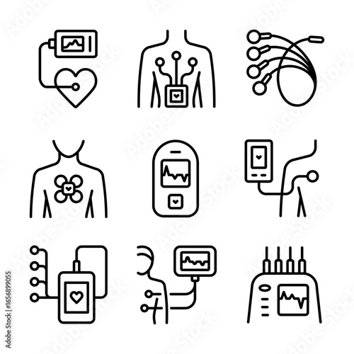 Holter Monitor Outline Icons Set. Portable ECG Monitoring. Dynamic ECG System. Digital Heart Rate Analyzer and Recorder. Medical symbols isolated on white background.