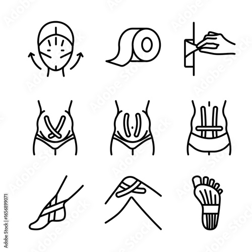 Kinesio taping kinesiology outline icons set. Medical plaster line signs collections. Rehabilitation, therapy athletics muscles, joints injury relief, elasticity adhesive. Facial kinesio taping isolat