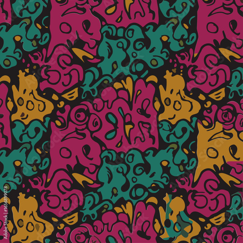 Abstract pattern with vibrant colors in teal, gold, and magenta, featuring abstract shapes and organic forms in a repeating pattern. Abstract graphic design for textiles, wallpaper, or fashion prints.