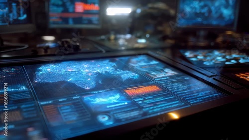 Wallpaper Mural Medium shot of an AIpowered command center control panel glowing in dim light showing a primary mission plan crystal clear with faintly blurred data streams and war game iterations Torontodigital.ca