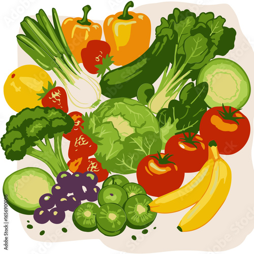 A colorful assortment of fresh fruits and vegetables displayed in a vibrant, healthy composition. Colorful produce displayed in a variety of forms with no specific location or person.