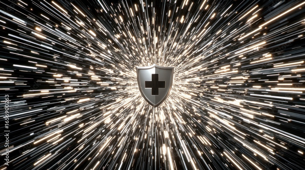 Obraz premium A metallic shield with a plus sign symbol is centered in a dynamic, radiating pattern of light streaks.