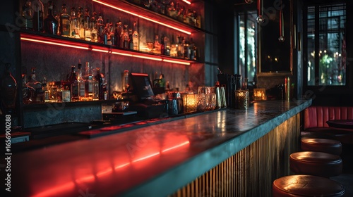 A stylish, dimly lit bar setting, perfect for a night out with drinks.