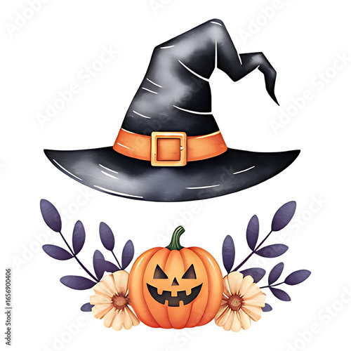 Witch hat and pumpkin for Halloween, decorated with autumn leaves and flowers. Watercolor style PNG illustration for Halloween.