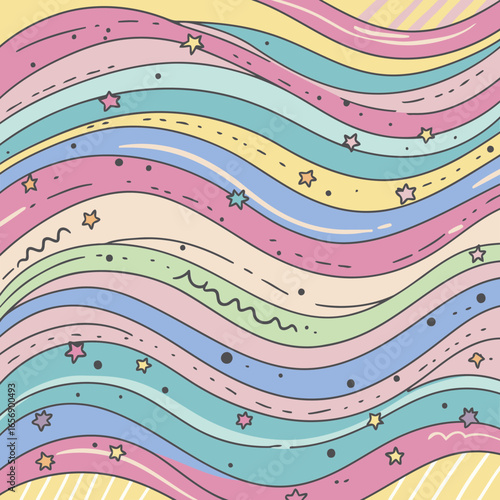 Rainbow pastel wavy lines with stars and decorative elements. Abstract background with soft colors and playful patterns.