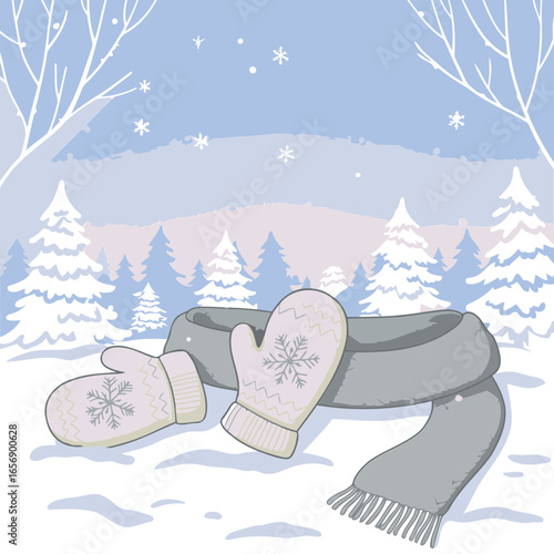 Winter accessories, cream and gray mittens and scarf, resting on snowy ground in a snowy forest scene. Cozy winter fashion items for a winter wonderland background.