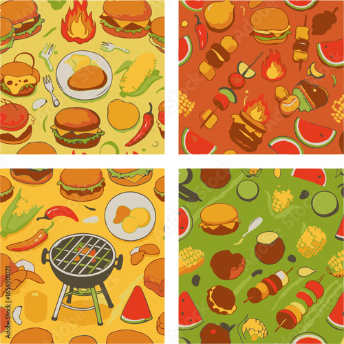 Barbecue food pattern design showing burgers, kebabs, corn, watermelon, and other grilling items on picnic blankets, featuring a variety of colors and food. Seamless pattern for a summer picnic theme.