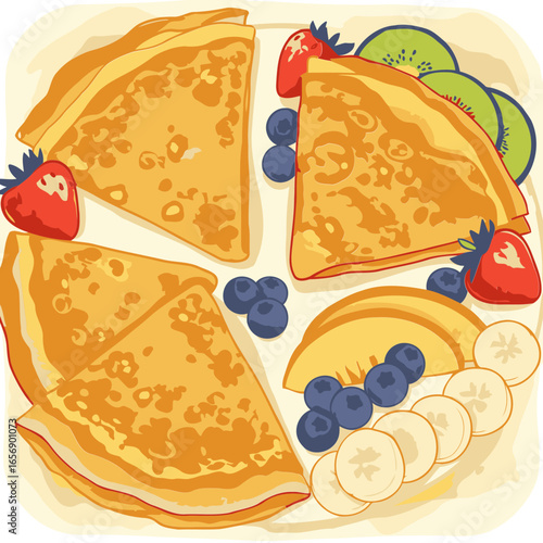 Golden crepes with fresh fruit arranged on a plate. Delicious breakfast food displayed with segments of strawberries, kiwi, blueberries, and bananas. Home-style breakfast meal. -